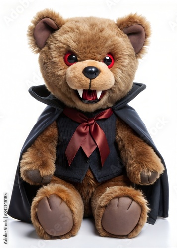 Stuffed Vampire Teddy bear with cape and fangs Isolated on a white background