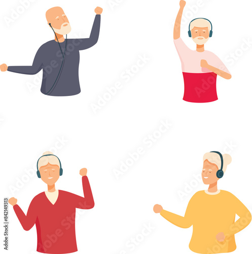 Set of illustrations featuring joyful elderly individuals dancing and listening to music