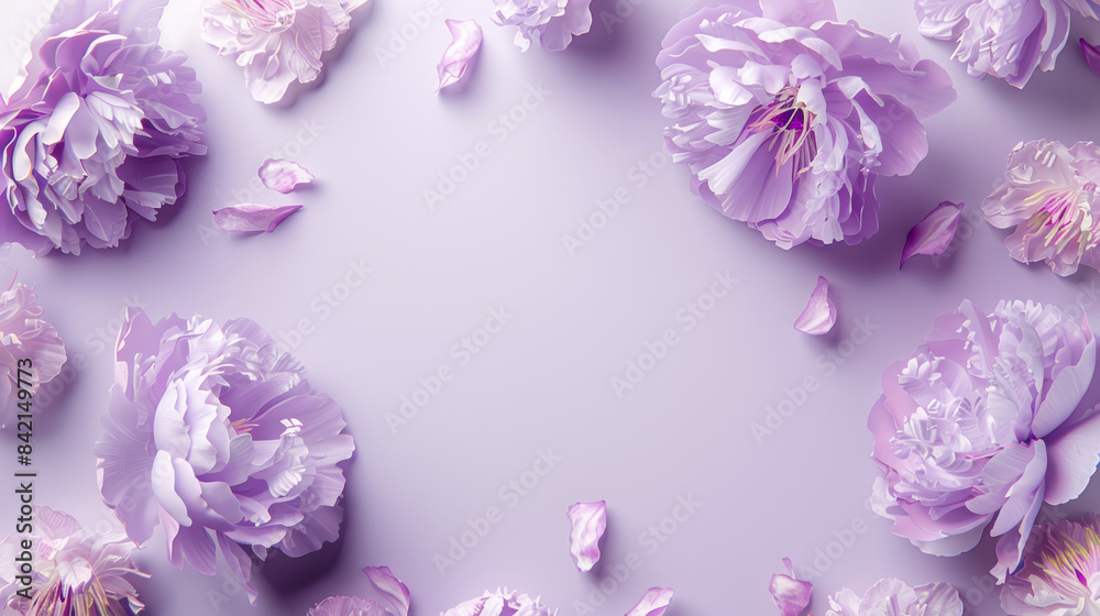 A minimalist design of a lilac purple peony floral border on a pastel lilac background