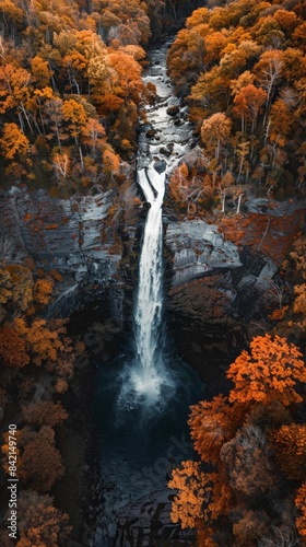 Aerial Drone View of Autumn Waterfall at Sunrise