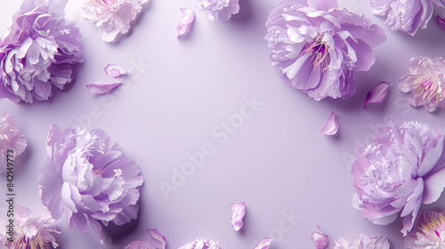 A minimalist design of a lilac purple peony floral border on a pastel lilac background © otter2