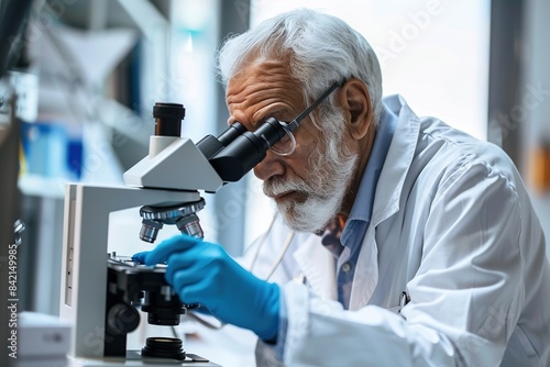 Senior infectious disease specialist examining samples through a microscope