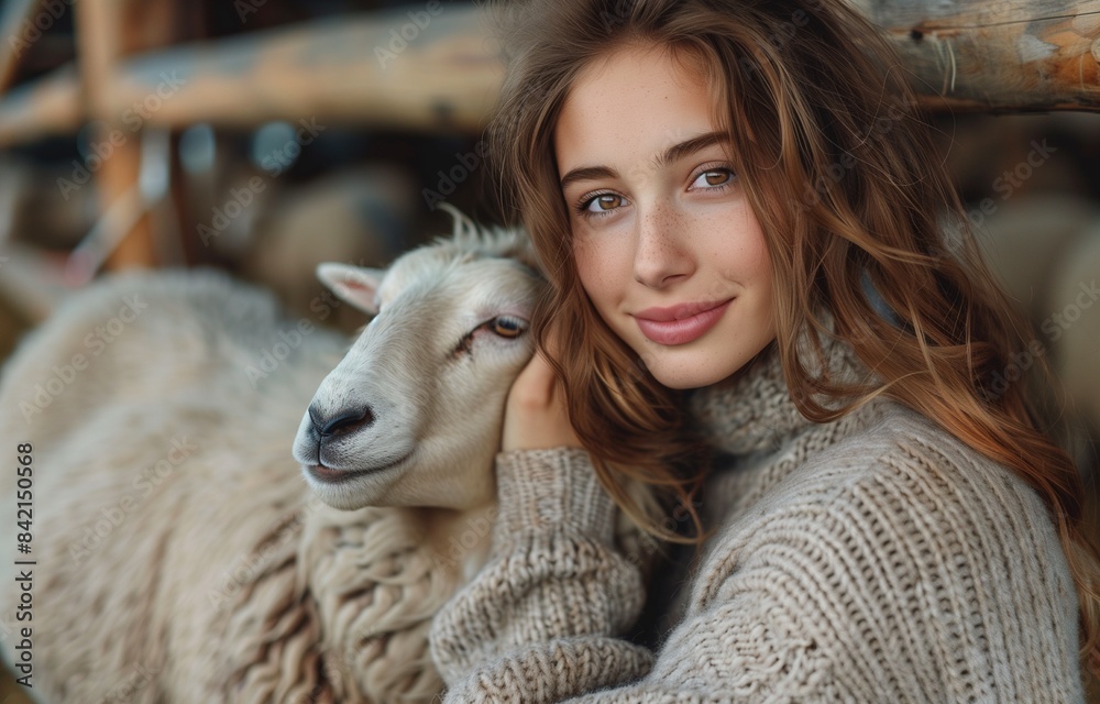 Young woman feeds sheep at farm, wearing beige sweater and jeans, enjoying animal interaction by wooden fence