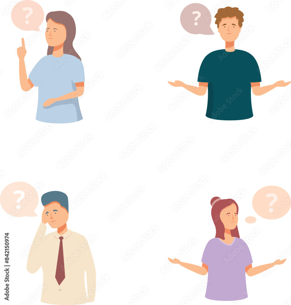 Fototapeta premium Illustration of diverse individuals pondering with question marks, symbolizing inquiry and bewilderment