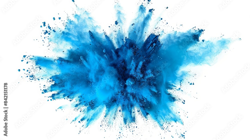 Dynamic blue powder explosion on a white background, capturing the energetic burst and vibrant colors. This abstract art piece is ideal for creative design projects and visual effects.