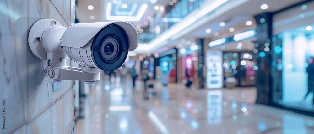 Security camera mounted on a white wall in a brightly lit shopping mall Security camera mounted on a white wall in a brightly lit shopping mall