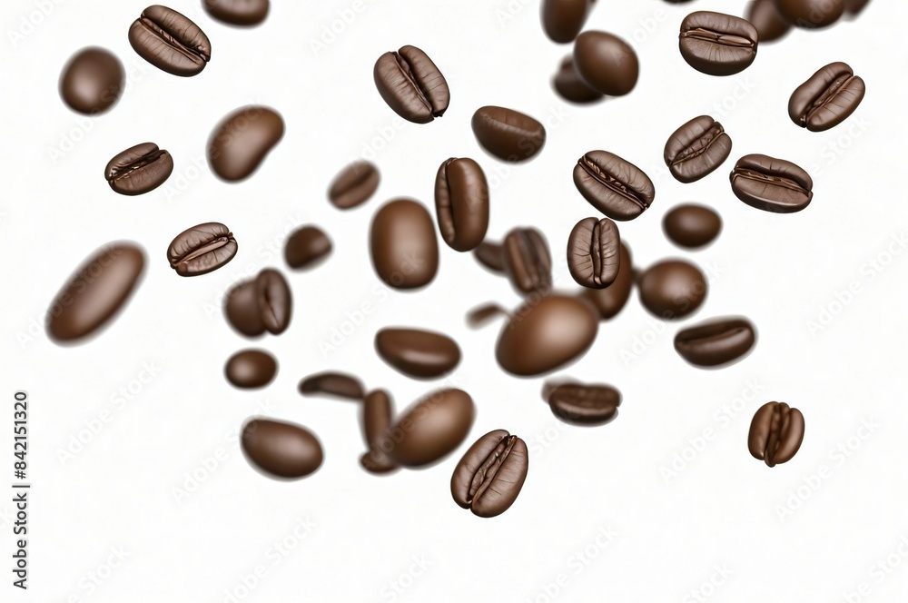 Coffee beans floating in the air on a white background closeup Coffee beans floating in the air on a white background closeup