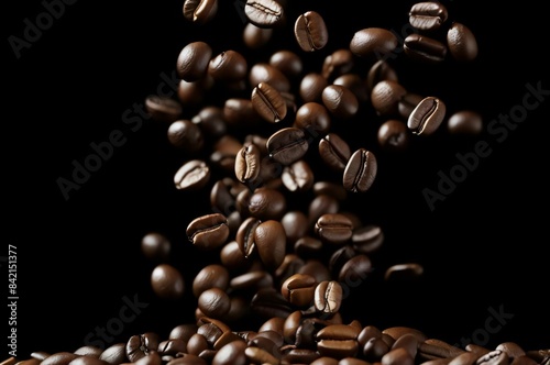Coffee beans floating in the air on a black background in closeup