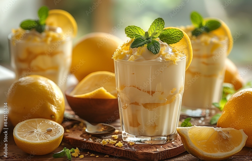 Panna cotta with lemon cream in a glass, next to a bowl of cut lemons and a spoon Panna cotta with lemon cream in a glass, next to a bowl of cut lemons and a spoon