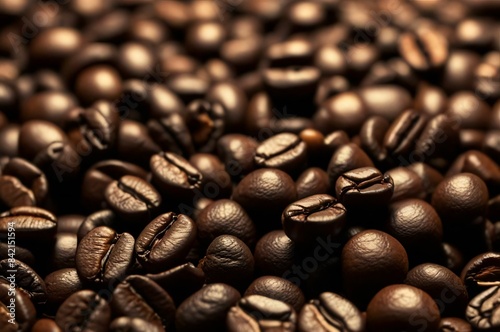 Coffee beans in closeup on a dark background lying on a table