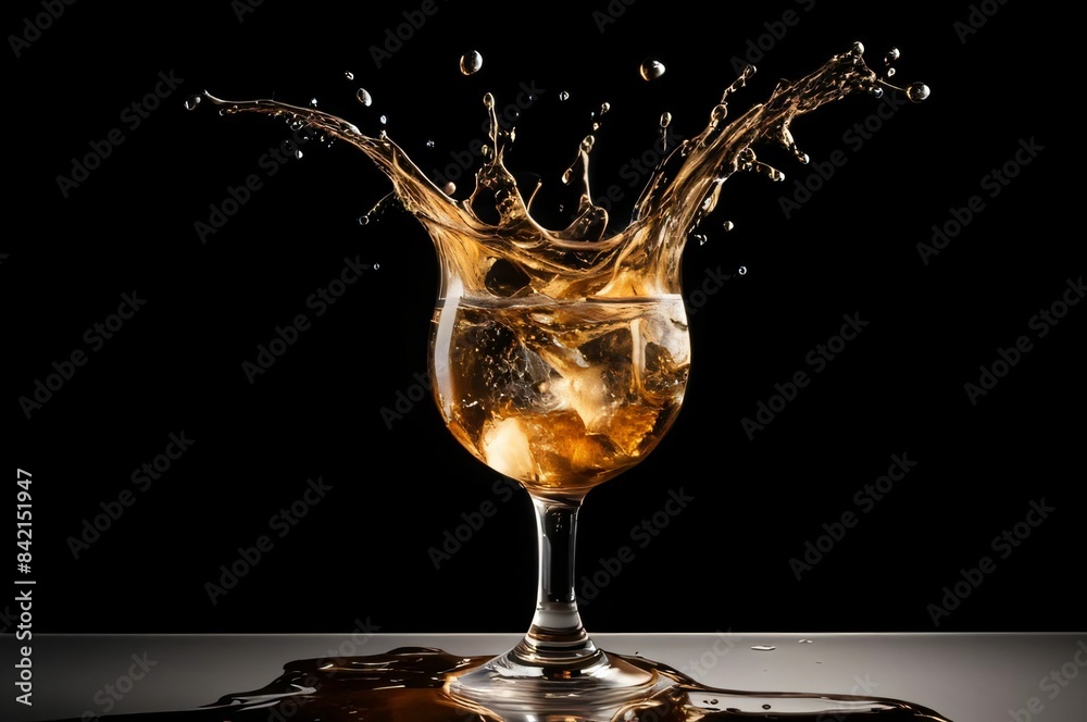 Orange juice splash in a glass. White wine splash out of wineglass on black background. Product shot of a splashing cocktail. Isolated background Orange juice splash in a glass. White wine splash out of wineglass on black background. Product shot of a splashing cocktail. Isolated background