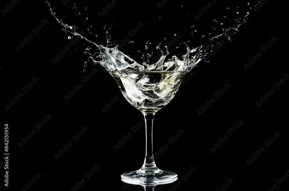 Glass with water. Splash out of wineglass on black background. Product shot of a splashing cocktail. Isolated background Glass with water. Splash out of wineglass on black background. Product shot of a splashing cocktail. Isolated background