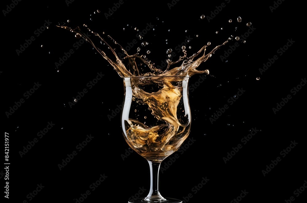 Orange juice splash in a glass. White wine splash out of wineglass on black background. Product shot of a splashing cocktail. Isolated background Orange juice splash in a glass. White wine splash out of wineglass on black background. Product shot of a splashing cocktail. Isolated background