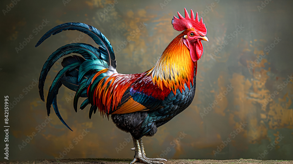 Fototapeta premium Colorful rooster with iridescent feathers posing.