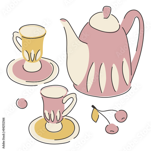 Set of illustrations for tea drinking. Teaware. Delicate images of a teapot, cups, saucers. Vector, isolated objects.