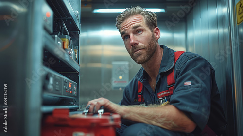 technician repairing an elevator in a sleek, modern office building, tools neatly arranged in a toolbox beside him,generative ai