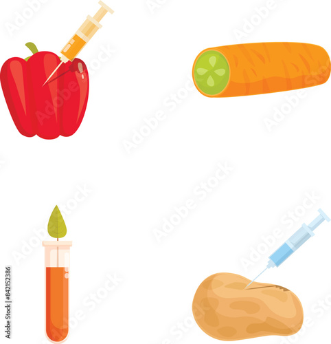 Illustration set of genetically modified foods including a syringeinjected bell pepper, carrot, and potato, plus a test tube with a plant sample