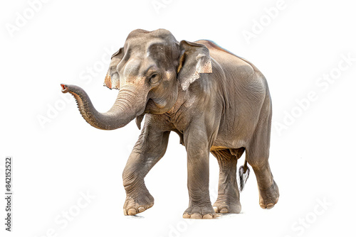 An asian elephant walking, trunk raised.