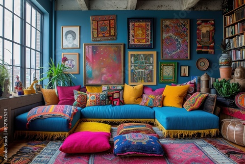 Eclectic maximalist living room with bold artwork and vibrant textiles © Zidane