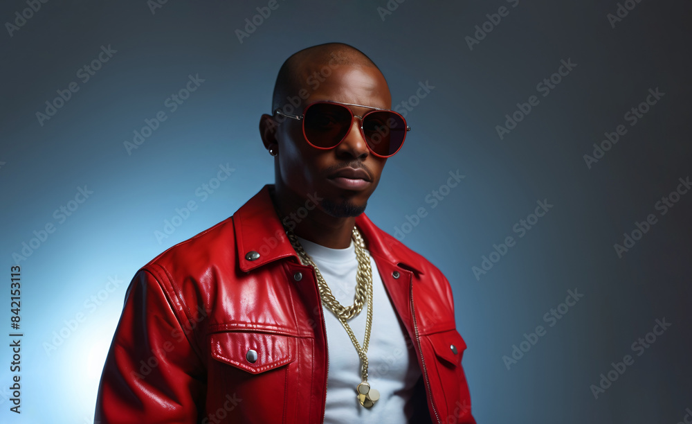 Rapper wearing red leathter jacket and sunglasses on solid color background with copy space. Handsome hip hop artist looking at the camera Rapper wearing red leathter jacket and sunglasses on solid color background with copy space. Handsome hip hop artist looking at the camera