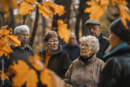 Group of elderly people walking in the autumn park. Selective focus.