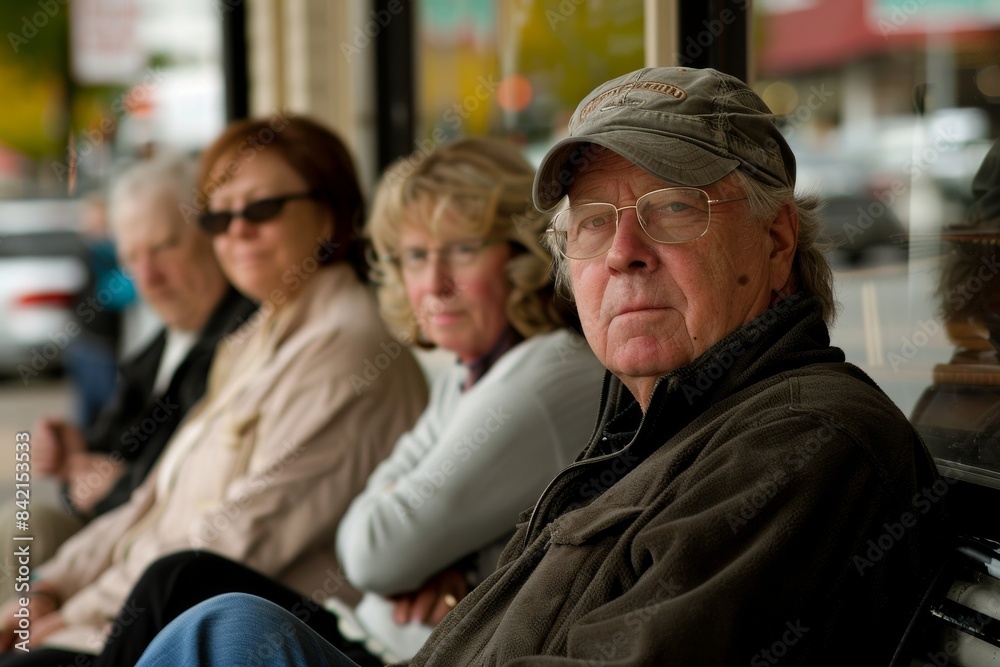 Portrait of an elderly man sitting in a bus with his family Portrait of an elderly man sitting in a bus with his family