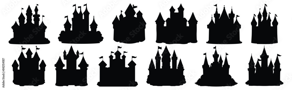 Fairy Castle silhouettes set, pack of vector silhouette design, isolated background Fairy Castle silhouettes set, pack of vector silhouette design, isolated background