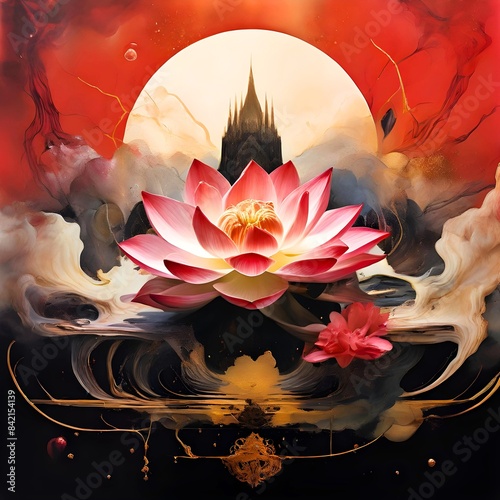 A surreal lotus in a smoky nebula with exaggerated architecture and a light gold black white and red palette photo