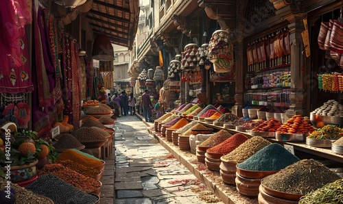 Fototapeta Naklejka Na Ścianę i Meble -  A vibrant Indian market with spices and textiles. Realistic.