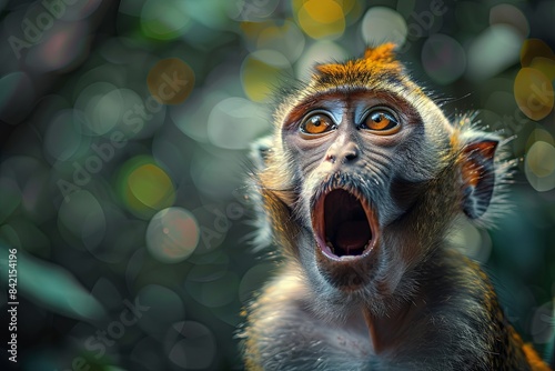 A Long-Tailed Monkey with its mouth wide open, showcasing its large, yellow eyes. The monkey is in a tropical forest with a blurred green background. Generative AI