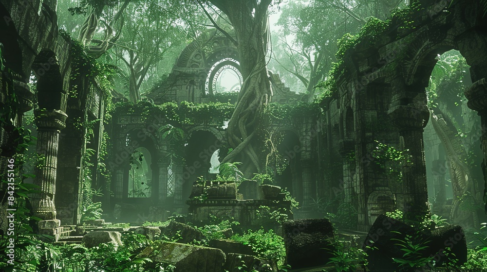 set in a fantasy world, primordial jungle untouched by time, with towering trees that reach for the heavens, home to fierce beasts and forgotten ruins