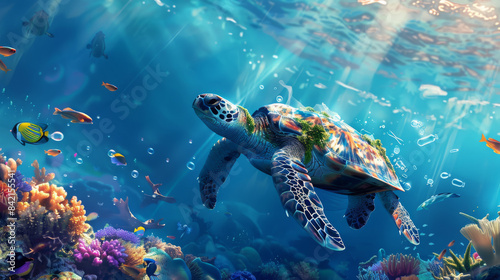 a Hawksbill sea turtle, swimming near a coral reef, entangled in plastic debris.