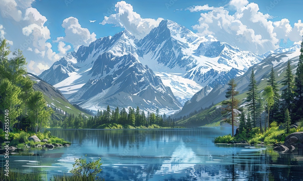 A serene mountain lake surrounded by snow-capped peaks and pine trees. Realistic. A serene mountain lake surrounded by snow-capped peaks and pine trees. Realistic.