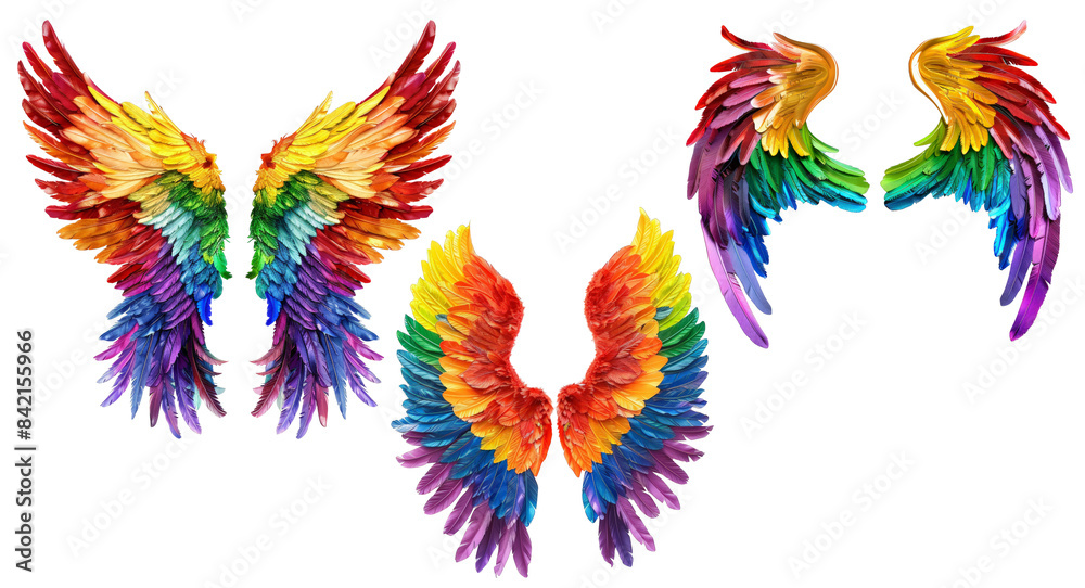 set of Vibrant digital illustration of multi-colored angel wings in various configurations, perfect for design projects and pride LGTBQ+ or fantasy themes , isolated on transparent background. set of Vibrant digital illustration of multi-colored angel wings in various configurations, perfect for design projects and pride LGTBQ+ or fantasy themes , isolated on transparent background.