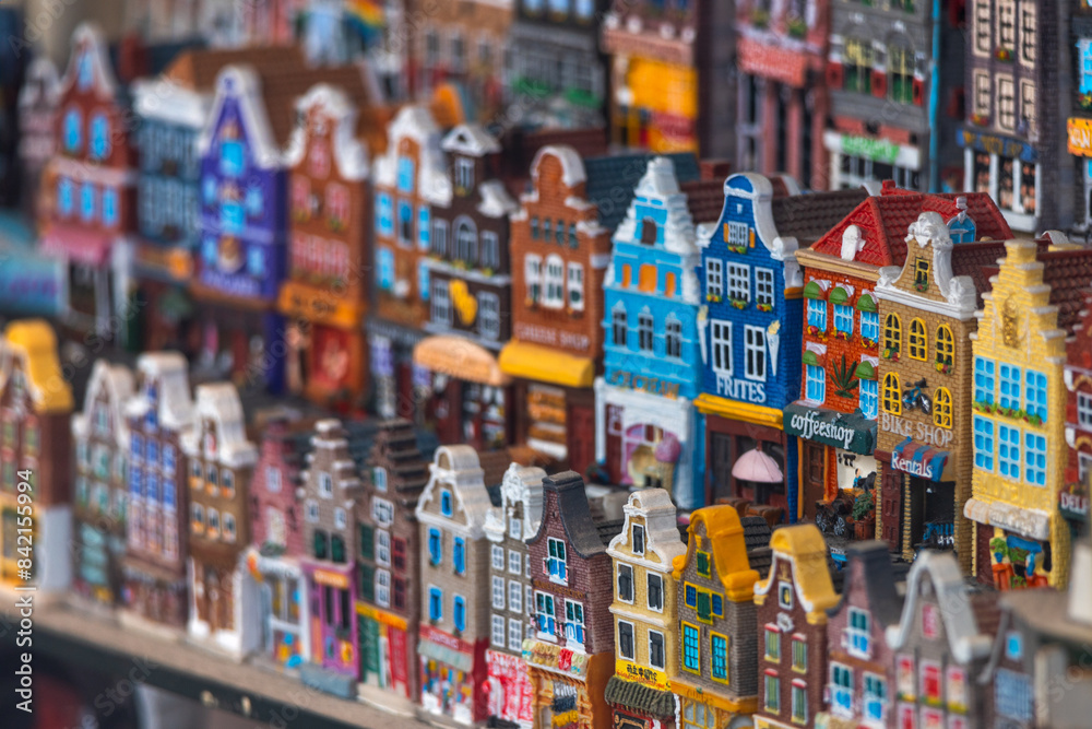 Close up view of Dutch style house souvenir models up for sale. Close up view of Dutch style house souvenir models up for sale.