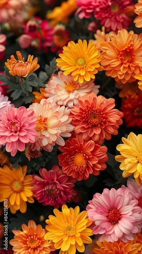 Benjamas flowers in the garden with beautiful chrysanthemums mums and chrysanths with a copy space image photo