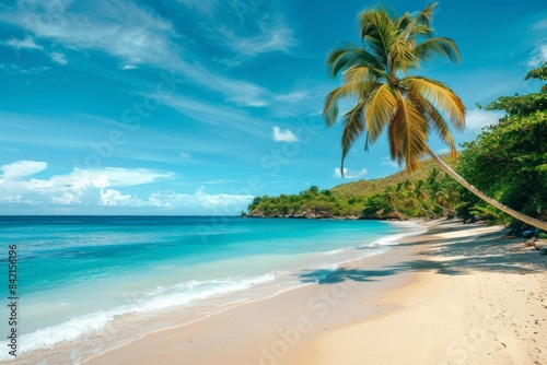 Tropical beach with clear water and green hills