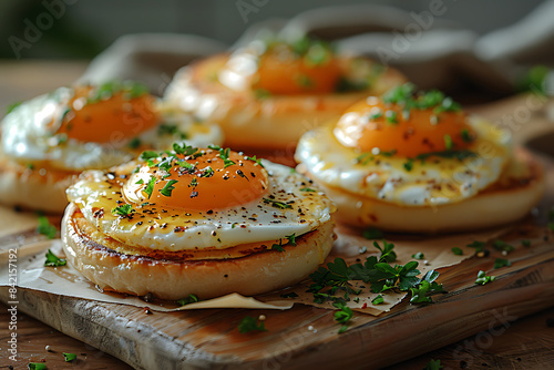 Elegant Breakfast Delight: Eggs Benedict on Wooden Block photo