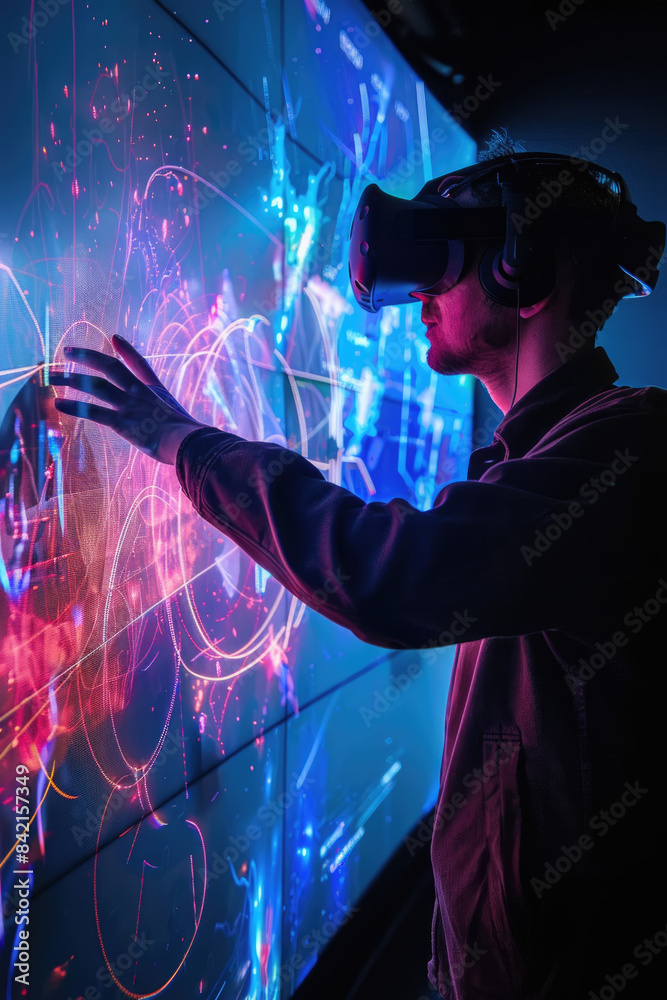 A man wearing a VR headset reaches out to touch a large digital wall displaying vibrant abstract graphics, showcasing the immersive possibilities of virtual reality technology A man wearing a VR headset reaches out to touch a large digital wall displaying vibrant abstract graphics, showcasing the immersive possibilities of virtual reality technology