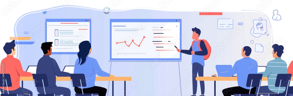 Advertising banner of American business coach working on career development with a group. --chaos 15 --ar 3:1 Job ID: 106034cf-9ebb-469c-861a-7638528db1f1 Advertising banner of American business coach working on career development with a group. --chaos 15 --ar 3:1 Job ID: 106034cf-9ebb-469c-861a-7638528db1f1