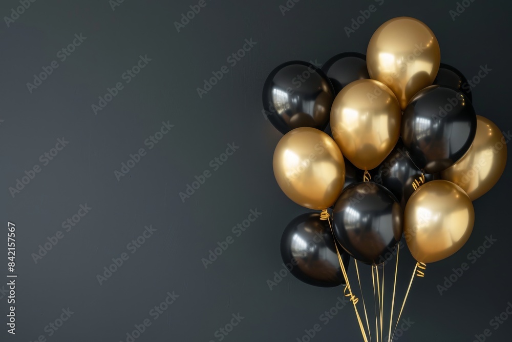 Black and golden balloons shimmering against a stylishly dark gray backdrop Black and golden balloons shimmering against a stylishly dark gray backdrop
