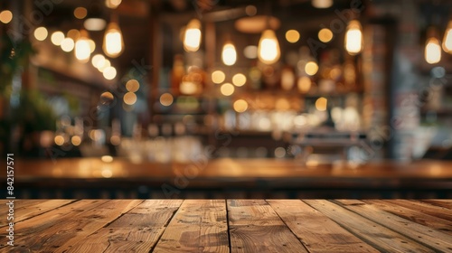 In a pub or bar, an empty wooden counter table top is used to display products.
