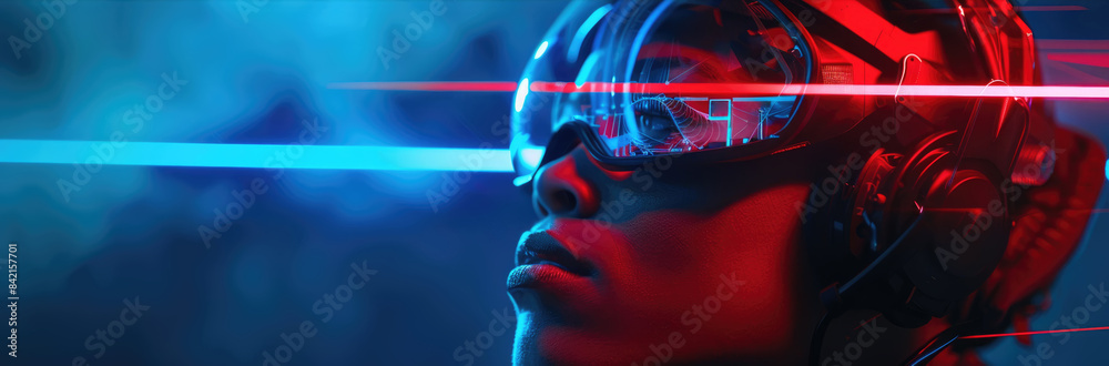 A person wearing futuristic glasses stands under neon lights A person wearing futuristic glasses stands under neon lights