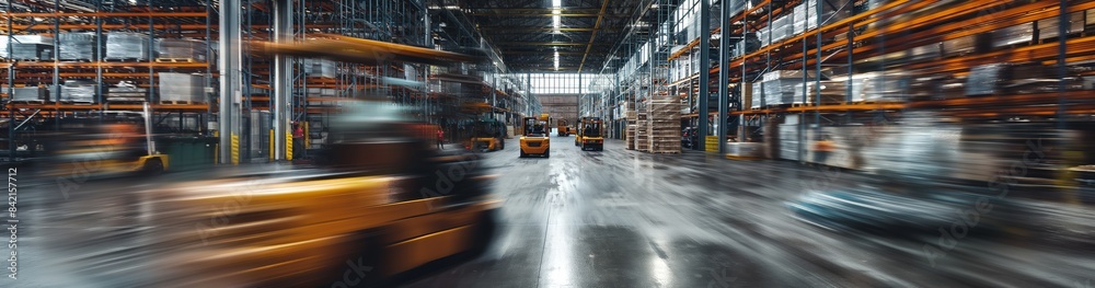 An industrious warehouse bustling with activity, featuring forklifts for efficient goods handling. Equipped with advanced technology, its continuously optimized for storage and shipping An industrious warehouse bustling with activity, featuring forklifts for efficient goods handling. Equipped with advanced technology, its continuously optimized for storage and shipping