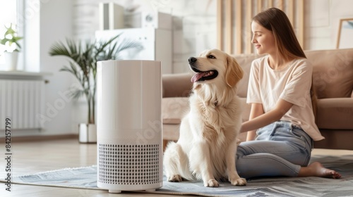 Wabi-sabi style, light gold, beige colors, close up shot of small air purifier with white blonde family and dog, wabi-sabi style, close up shot of small air purifier photo