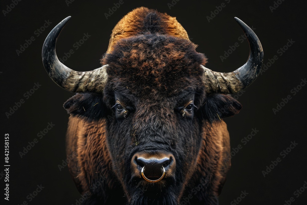 Angry Buffello Shocked angry buffalo with a ring in his nose with bulging eyes on ...