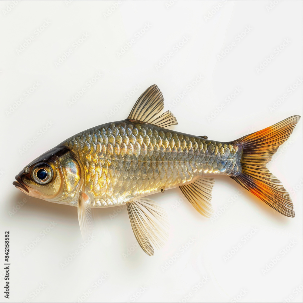 Close-up of a fresh fish with shiny scales and fins against a plain white background, showcasing its details. Close-up of a fresh fish with shiny scales and fins against a plain white background, showcasing its details.
