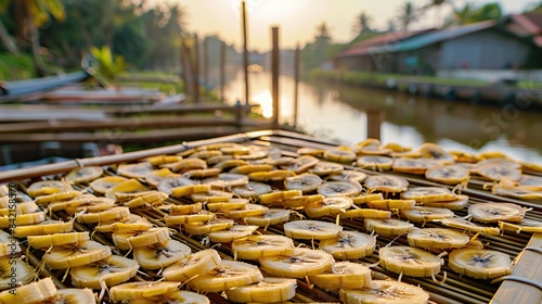 un dried banana, Organic thai bananas laid on a bamboo tray for sun drying,. Generative Ai photo