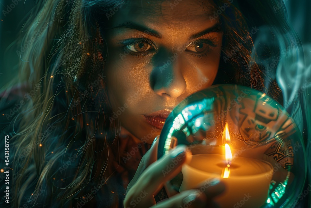Naklejka premium A woman peers intently into a crystal ball, illuminated by the soft glow of a candle. Generative AI