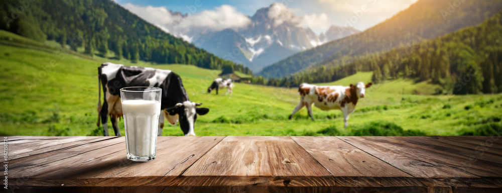 A glass of milk on a wooden table with an alpine green meadow and cows grazing on field. Blurred mountains in the background, evoking a fresh and natural feeling. Panorama with copy space.